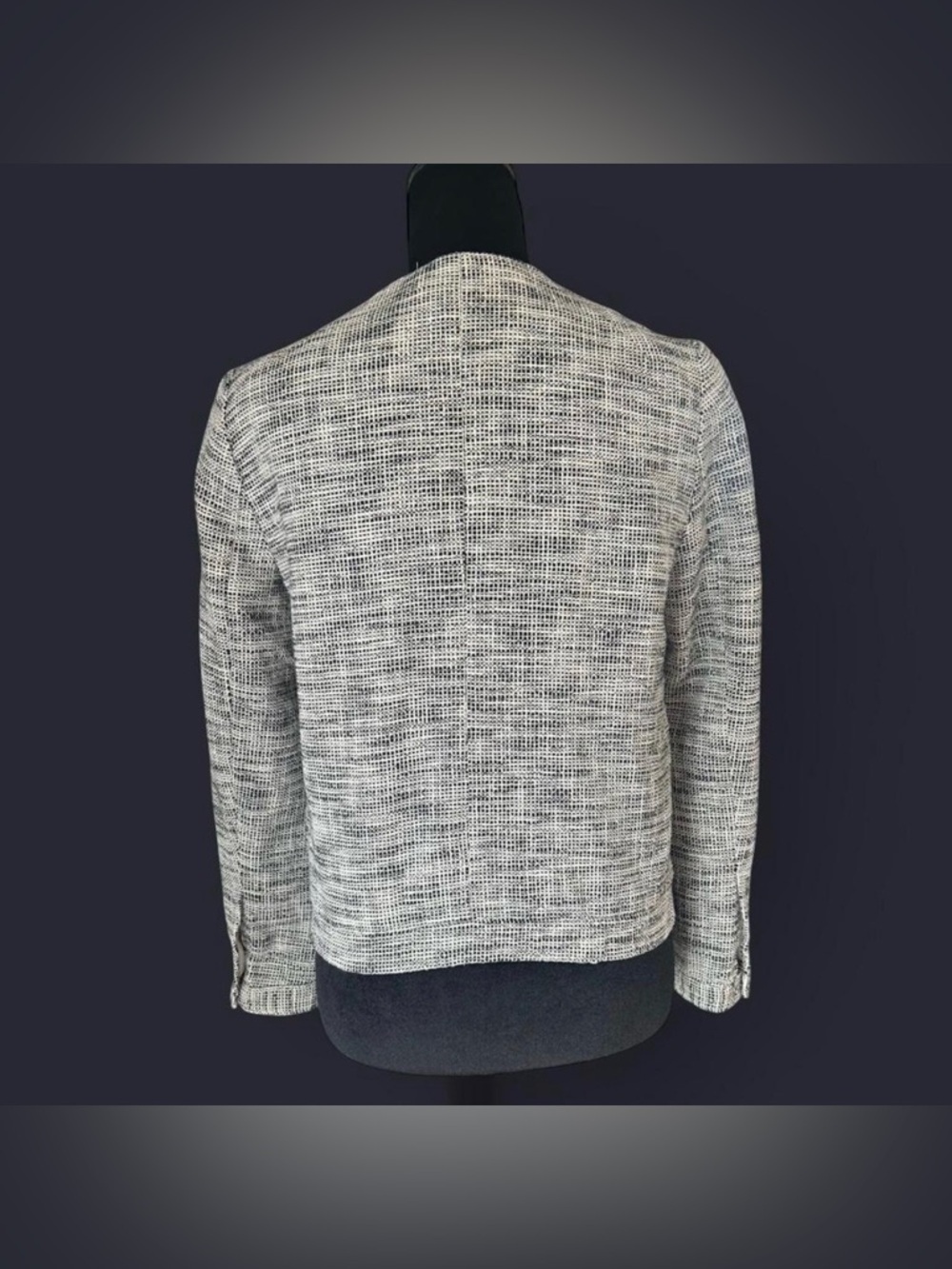 H&M Tweed Zip Front Jacket Size 4 Black White Textured Blazer Chic Classic - Picture 4 of 4